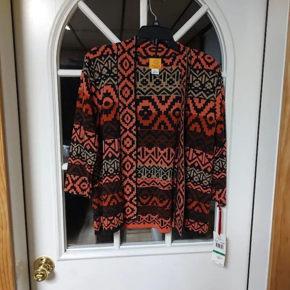 New Ruby Rd Machu Picchu Salmon Gold Open Front Cardigan Size Women's Petite L